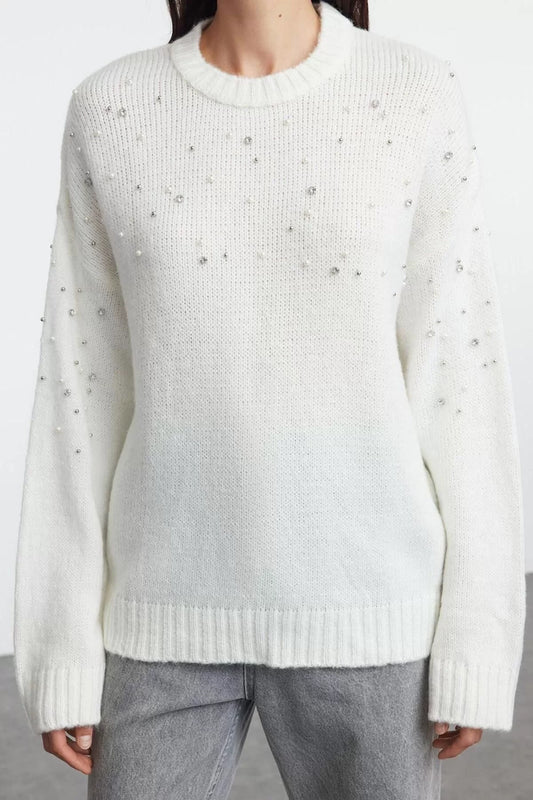 Women Fashion Stylish Crew Neck Standard Sleeve Regular Soft Texture Stone Knitted Sweater