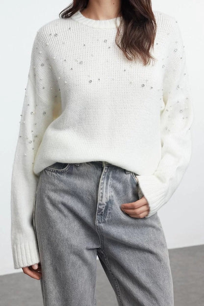 Women Fashion Stylish Crew Neck Standard Sleeve Regular Soft Texture Stone Knitted Sweater