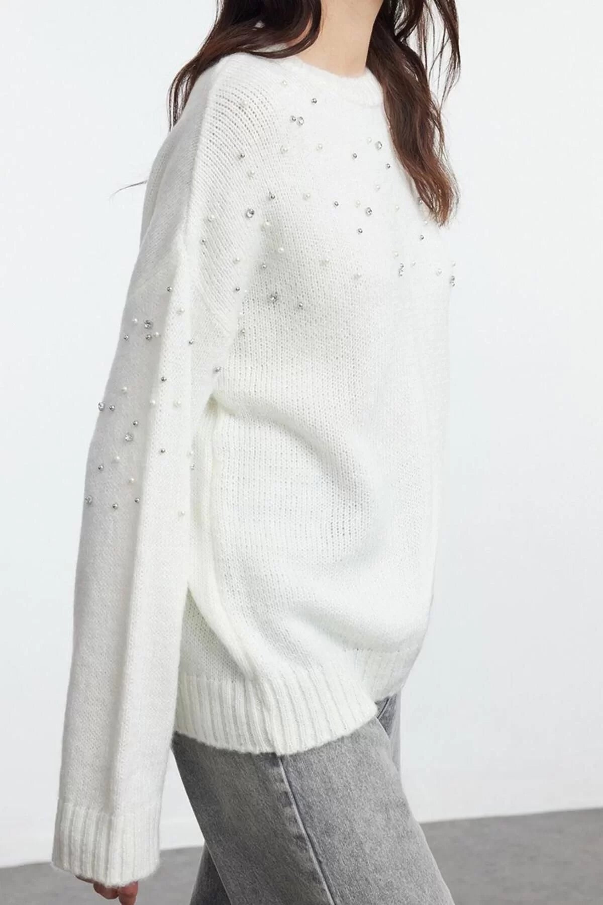 Women Fashion Stylish Crew Neck Standard Sleeve Regular Soft Texture Stone Knitted Sweater