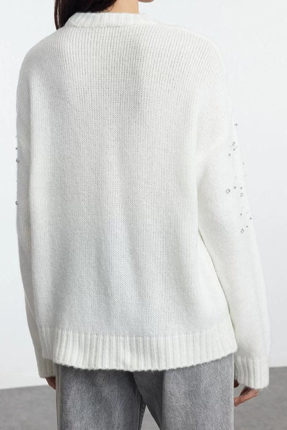 Women Fashion Stylish Crew Neck Standard Sleeve Regular Soft Texture Stone Knitted Sweater