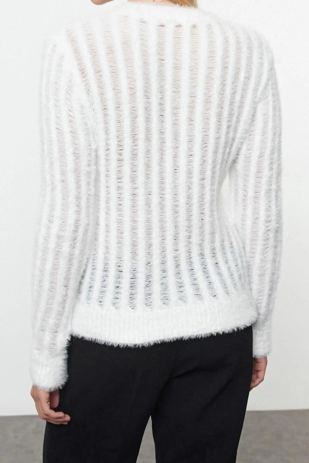 Women Fashion Stylish Crew Neck Standard Sleeve Regular Thin Transparent Looking Knitwear Sweater