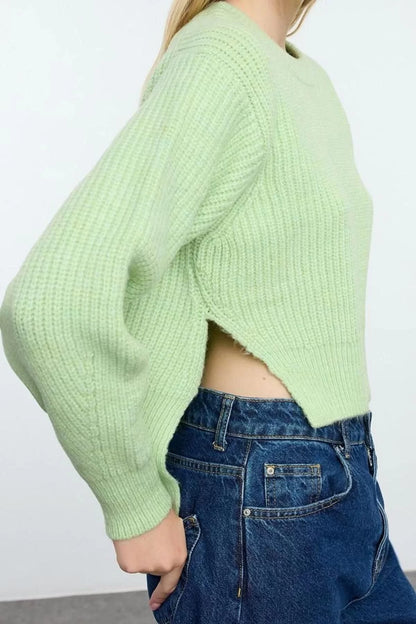 Women Fashion Stylish Crew Neck Standard Sleeve Regular Crop Basic Balloon Sleeve Knitwear Sweater