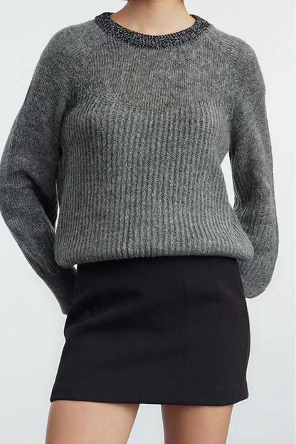 Women Fashion Stylish Crew Neck Standard Sleeve Regular Thin Transparent Look Knitwear Sweater