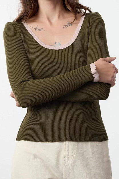 Women Fashion Stylish Square Neck Standard Sleeve Regular Ribbed Color Block Knitwear Sweater