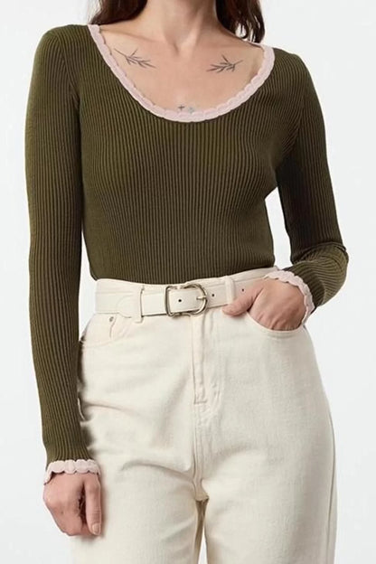 Women Fashion Stylish Square Neck Standard Sleeve Regular Ribbed Color Block Knitwear Sweater