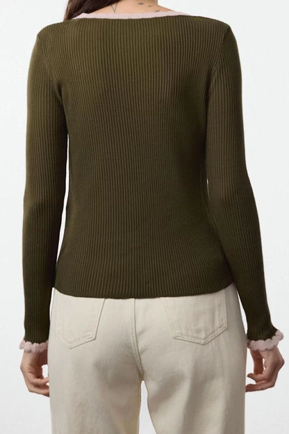 Women Fashion Stylish Square Neck Standard Sleeve Regular Ribbed Color Block Knitwear Sweater