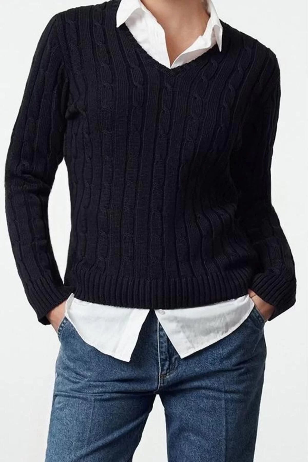 Women Fashion Stylish V Neck Standard Sleeve Regular Basic Cotton Knitted Sweater