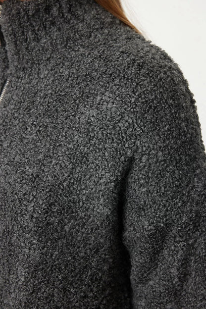 Women Fashion Stylish Stand Collar Standard Sleeve Regular Boucle Yarn Knitwear Sweater