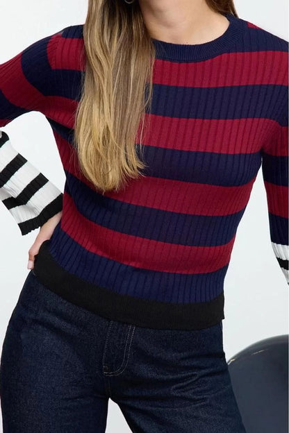 Women Fashion Stylish V Neck Standard Sleeve Regular Ribbed Color Block Knitwear Sweater