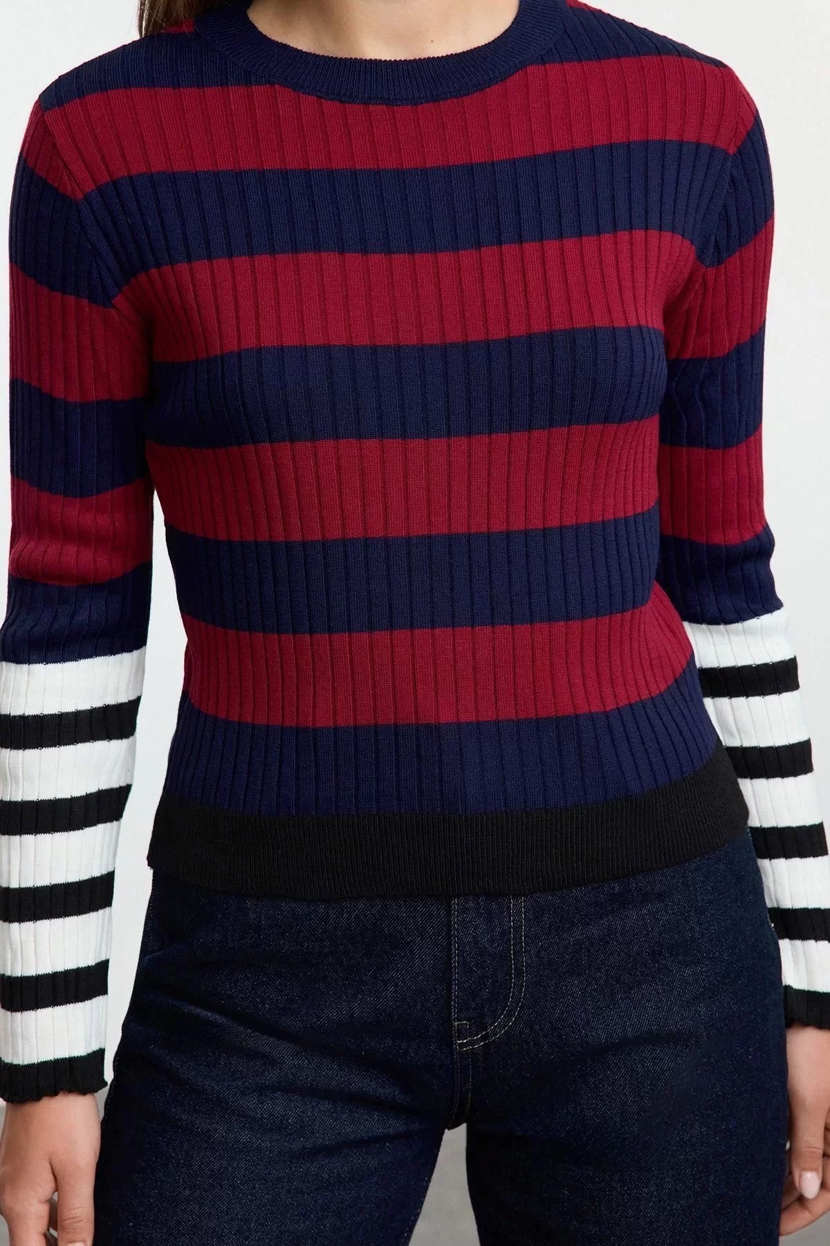 Women Fashion Stylish V Neck Standard Sleeve Regular Ribbed Color Block Knitwear Sweater