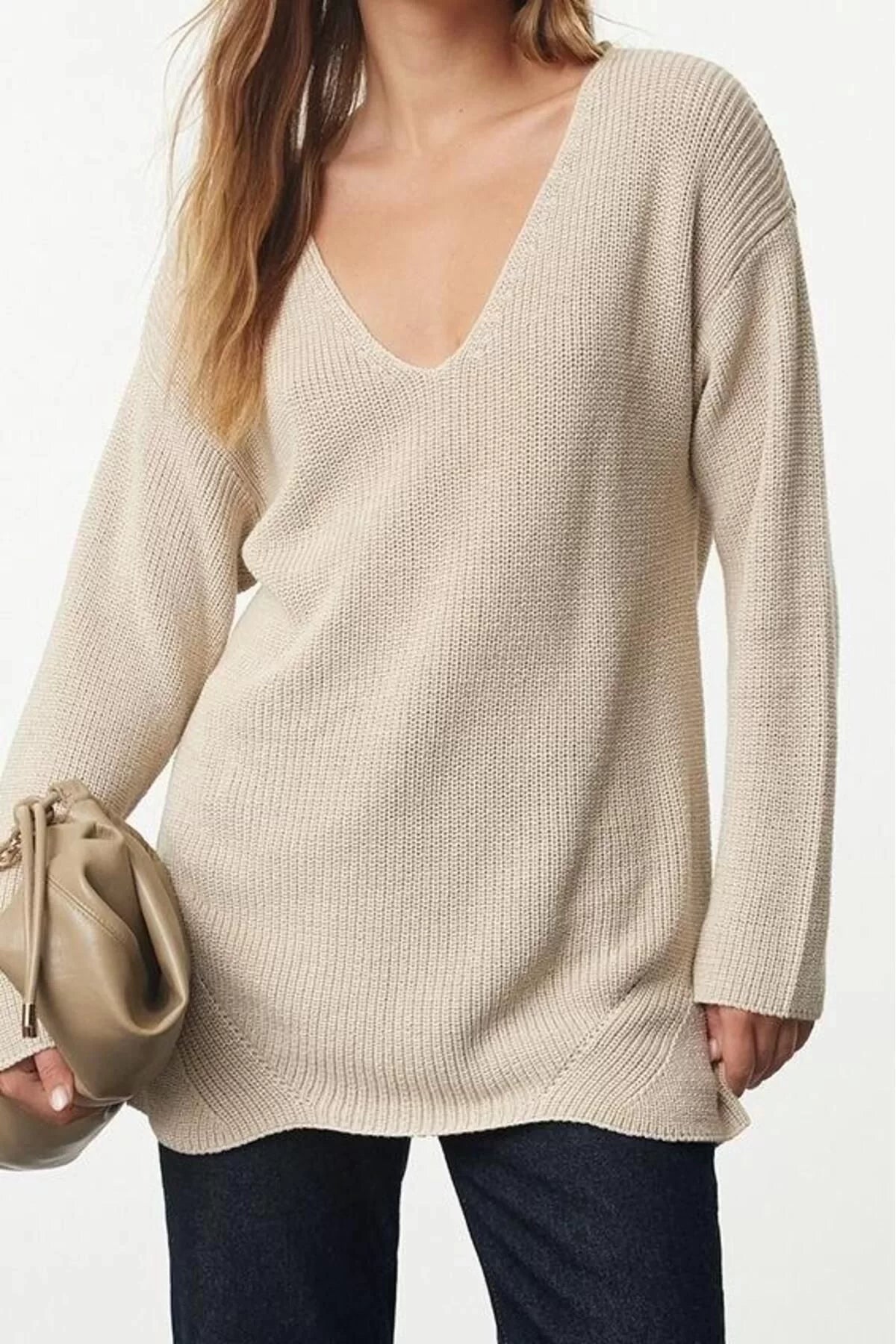 Women Fashion Stylish V Neck Standard Sleeve Regular Wide Pattern Basic Knitwear Sweater