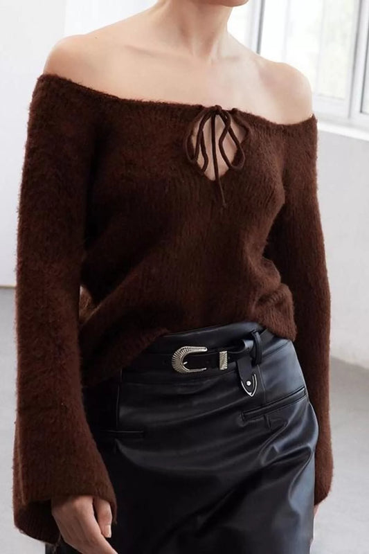 Women Fashion Stylish Carmen Collar Standard Sleeve Regular Soft Texture Boat Neck Knitwear Sweater