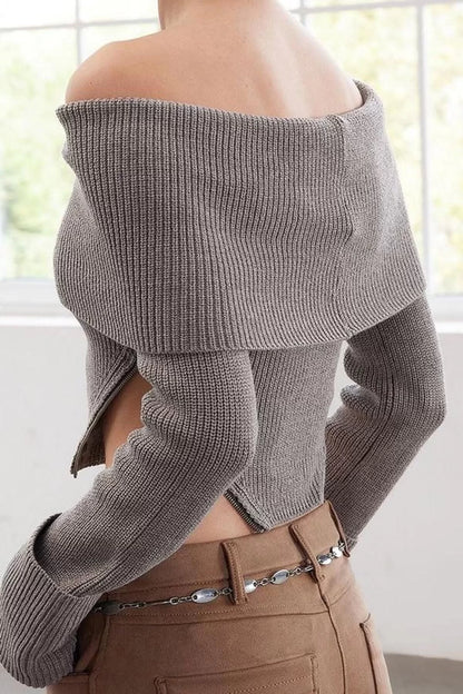 Women Fashion Stylish Carmen Collar Standard Sleeve Regular Ribbed Knitwear Sweater