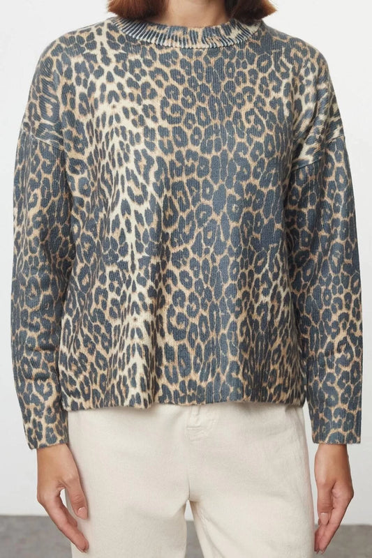 Women Fashion Stylish Crew Neck Regular Sleeve Leopard Pattern Printed Knitwear Sweater