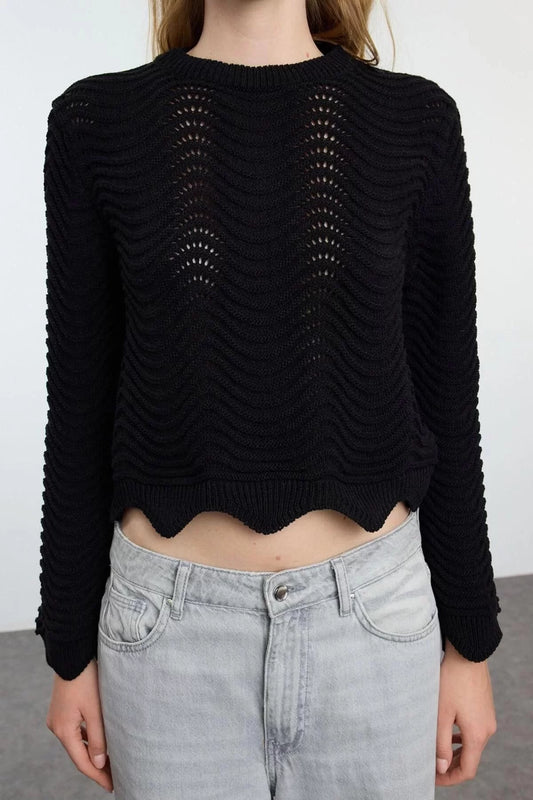 Women Fashion Stylish Crew Neck Standard Sleeve Regular Crop Openwork Hole Knitwear Sweater