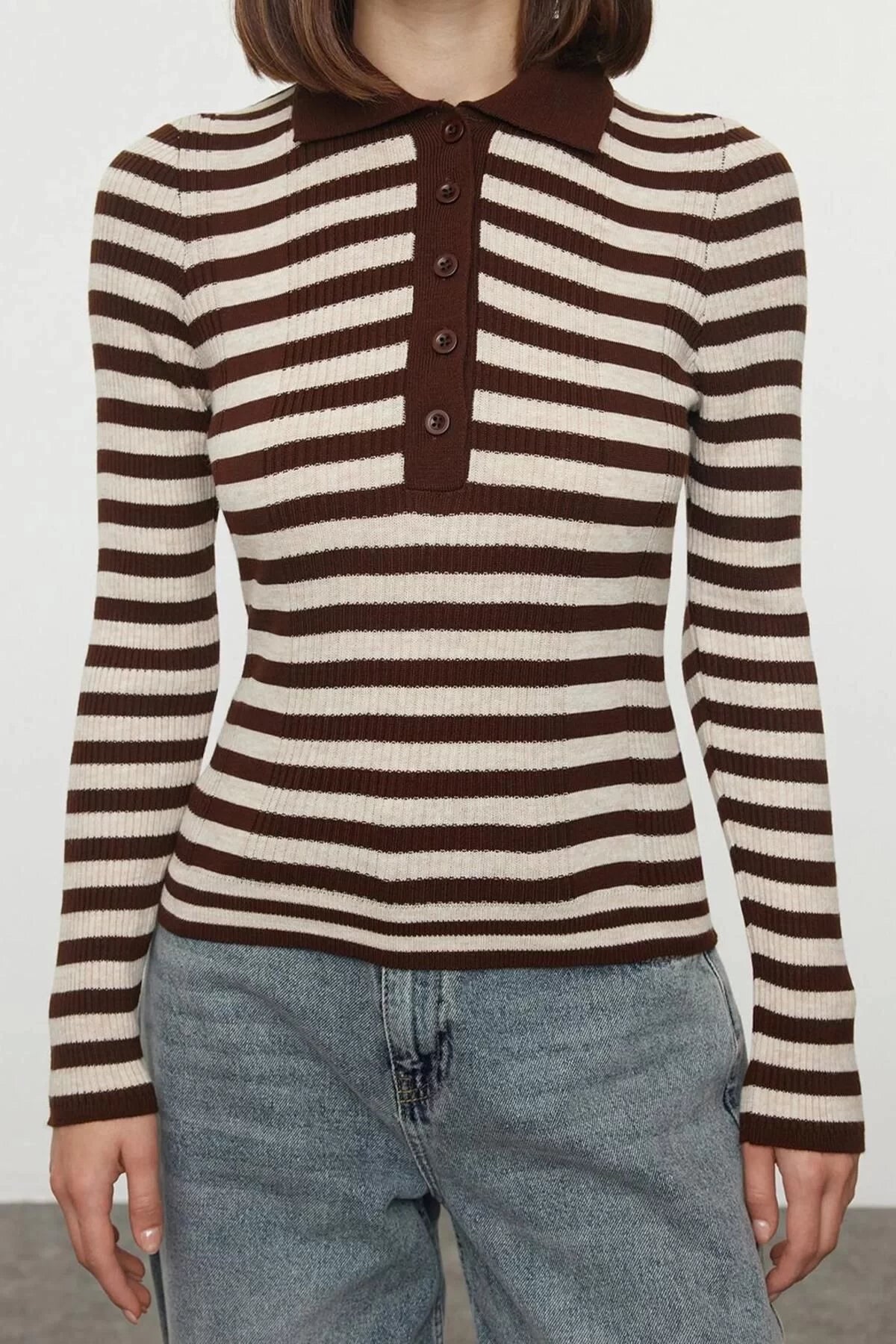 Women Fashion Stylish Polo Neck Standard Sleeve Regular Basic Striped Knitwear Sweater