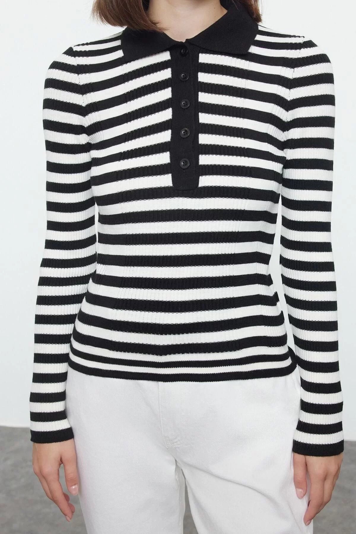 Women Fashion Stylish Polo Neck Standard Sleeve Regular Basic Striped Knitwear Sweater