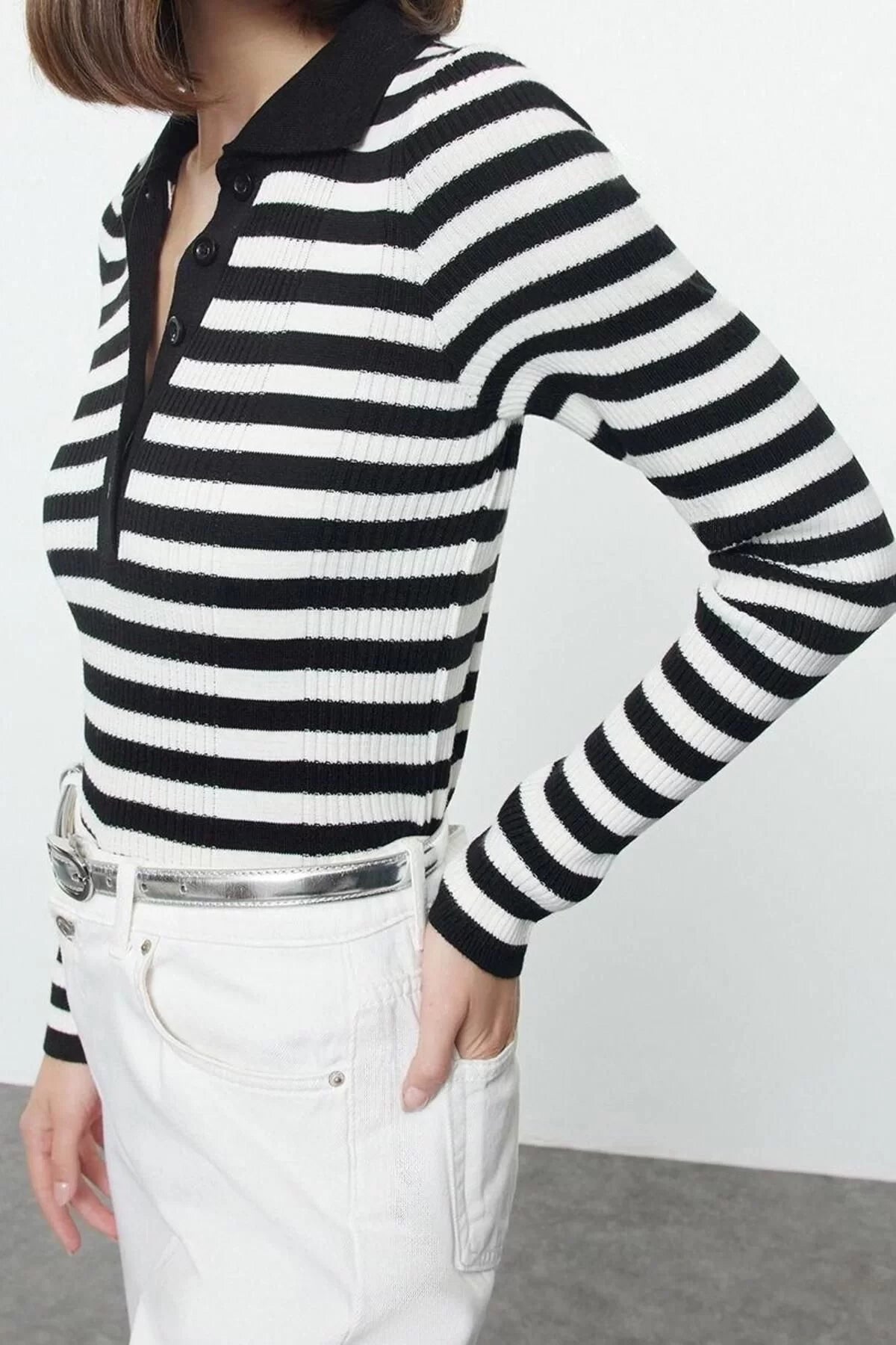 Women Fashion Stylish Polo Neck Standard Sleeve Regular Basic Striped Knitwear Sweater