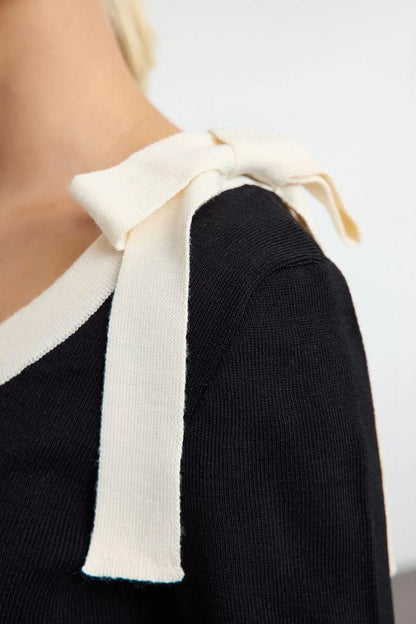 Women's Fashion Stylish Pool Neck Standard Sleeve Regular Ribbon Detailed Color Block Knitwear Sweater