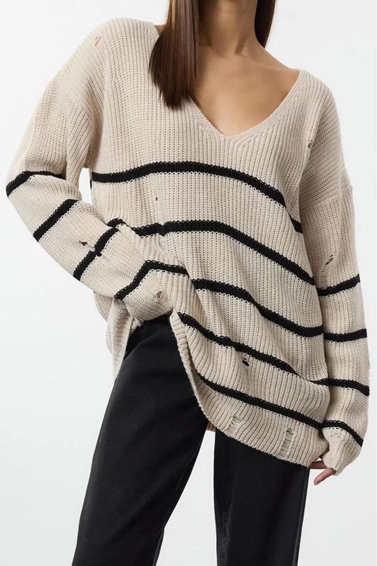 Women Fashion Stylish V Neck Low Sleeve Regular Striped Openwork Knitwear Sweater