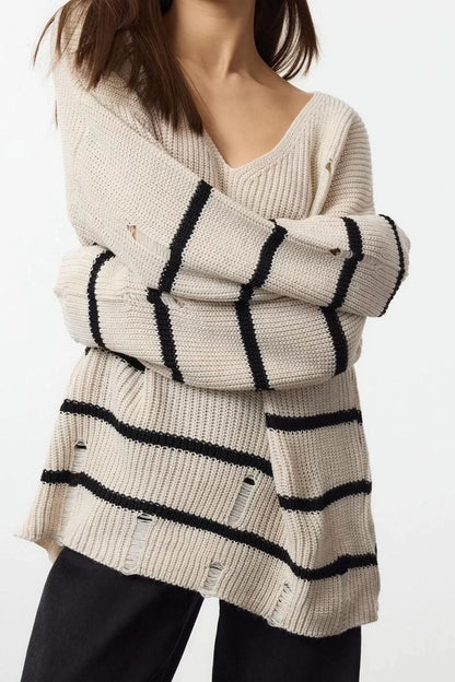 Women Fashion Stylish V Neck Low Sleeve Regular Striped Openwork Knitwear Sweater