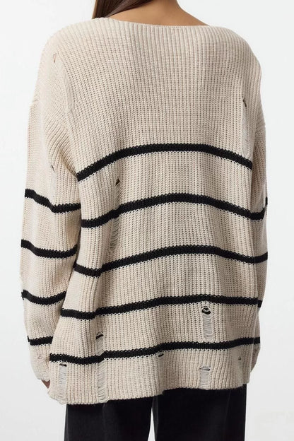 Women Fashion Stylish V Neck Low Sleeve Regular Striped Openwork Knitwear Sweater