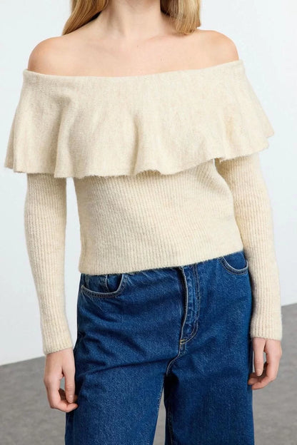 Women Fashion Stylish Carmen Collar Standard Sleeve Regular Soft Texture Knitwear Sweater