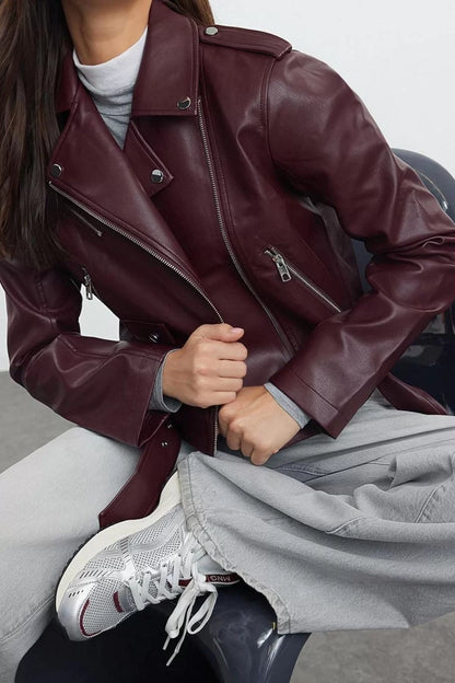 Women Fashion Stylish Regular Jacket Collar Standard Plain Lined Regular Faux Leather Biker Jacket Coat