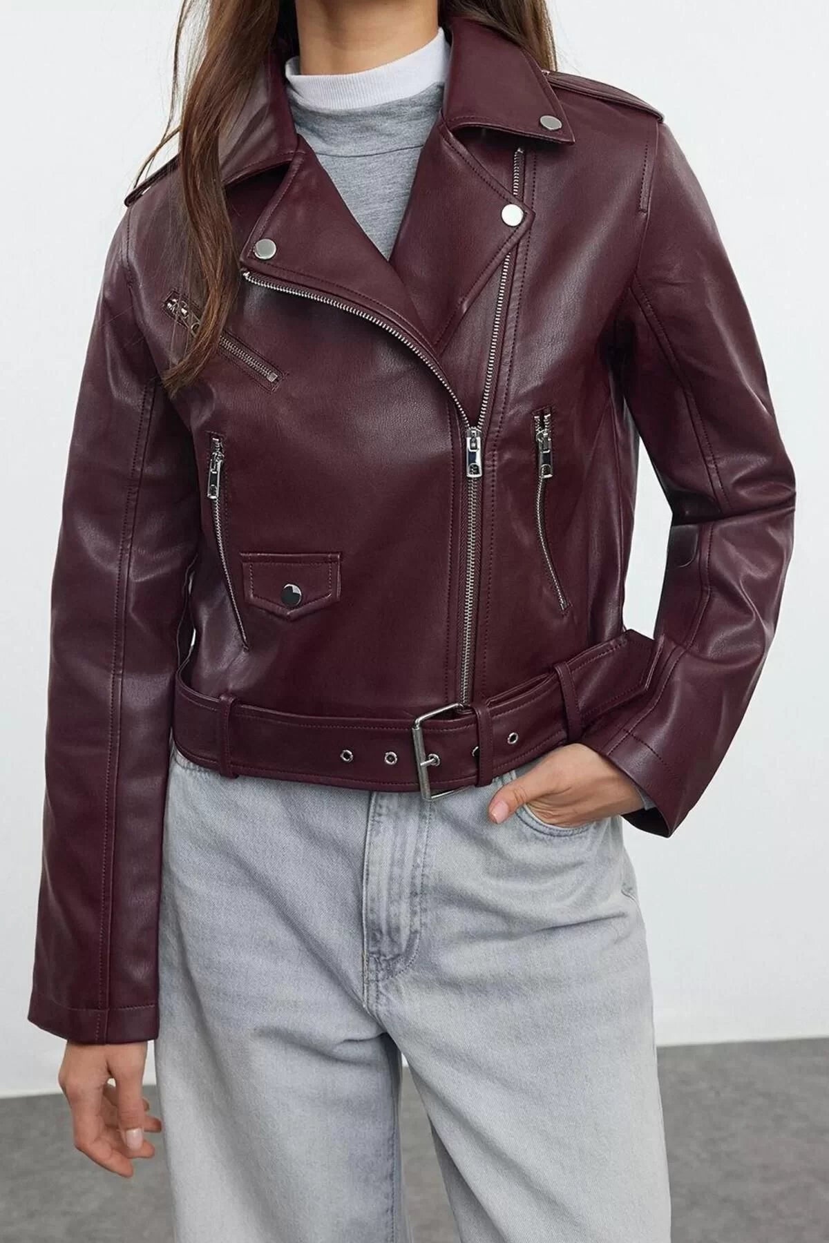 Women Fashion Stylish Regular Jacket Collar Standard Plain Lined Regular Faux Leather Biker Jacket Coat