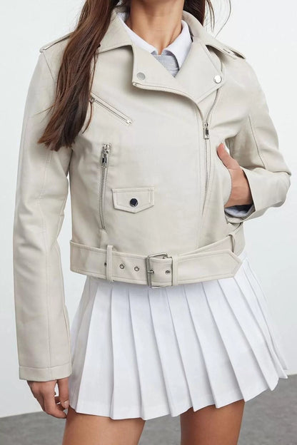 Women Fashion Stylish Regular Jacket Collar Standard Plain Lined Regular Faux Leather Biker Jacket Coat