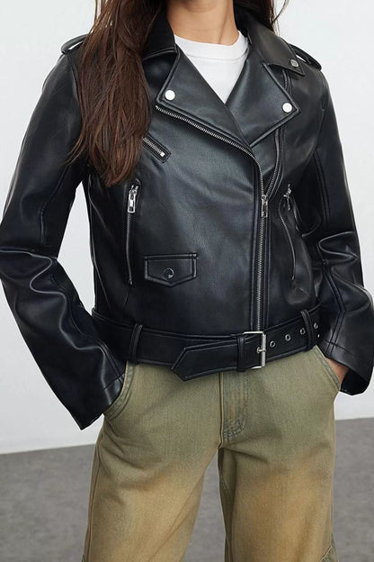 Women Fashion Stylish Regular Jacket Collar Standard Plain Lined Regular Faux Leather Biker Jacket Coat