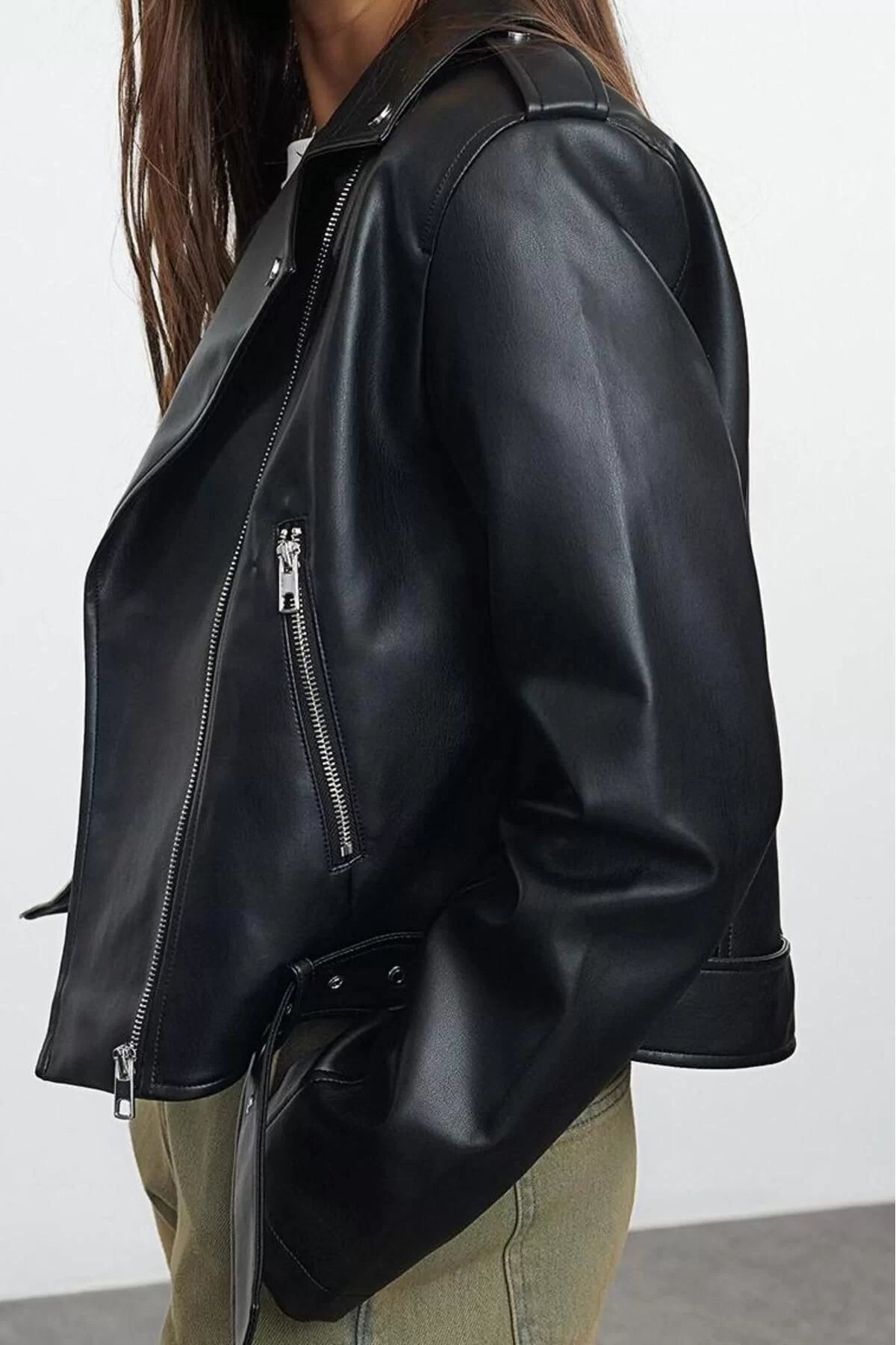 Women Fashion Stylish Regular Jacket Collar Standard Plain Lined Regular Faux Leather Biker Jacket Coat