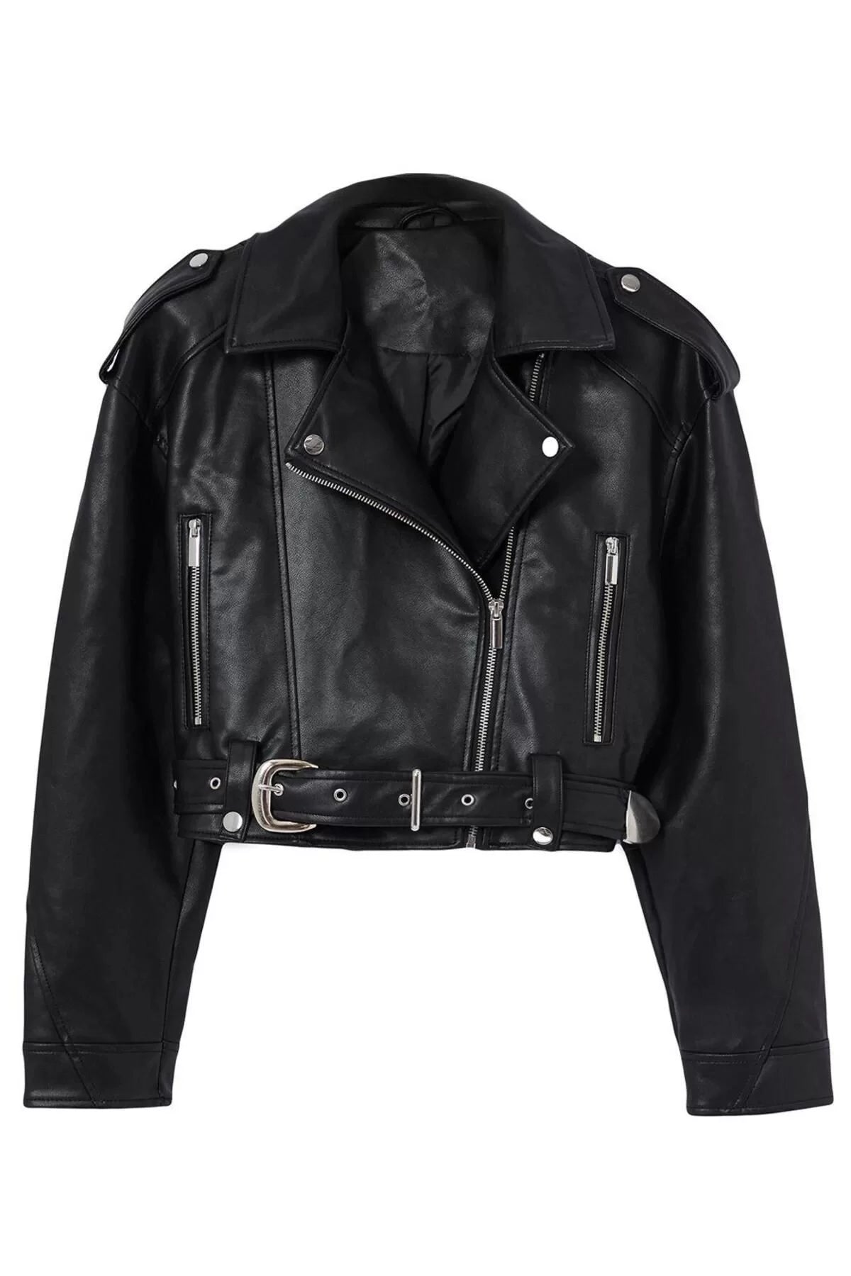 Women Fashion Stylish Oversize Shirt Collar Crop Plain Lined Oversize Belted Faux Leather Biker Jacket Coat