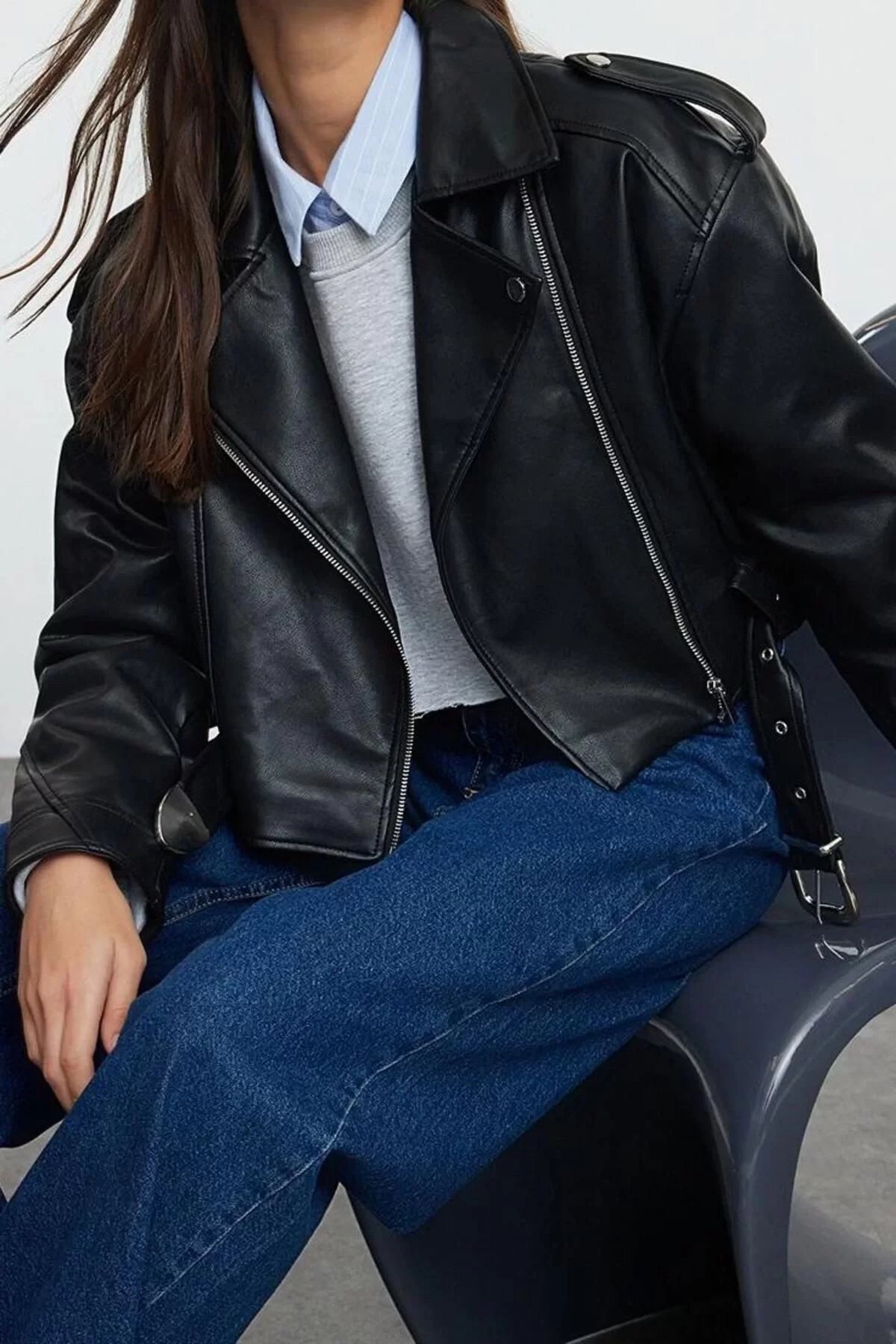 Women Fashion Stylish Oversize Shirt Collar Crop Plain Lined Oversize Belted Faux Leather Biker Jacket Coat