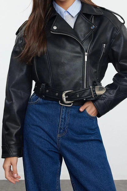 Women Fashion Stylish Oversize Shirt Collar Crop Plain Lined Oversize Belted Faux Leather Biker Jacket Coat