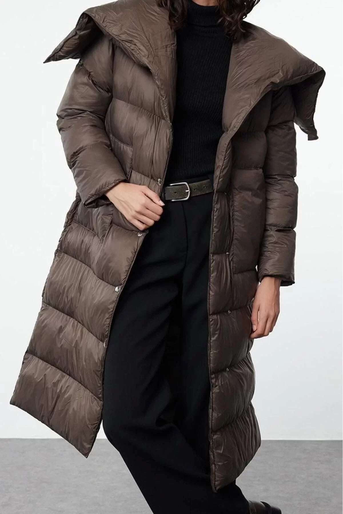 Women's Fashion Loose Shawl Collar Long Plain Lined Dark Belted Hooded Zippered Water Repellent Winter Puffer Coat