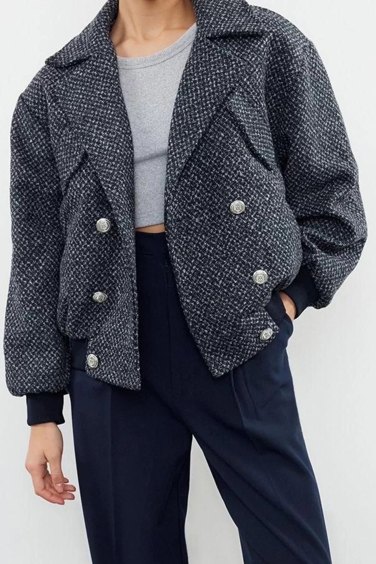 Women's Fashion Stylish Loose Jacket Collar Standard Plain Lined Oversize Quilted Tweed Bomber Coat