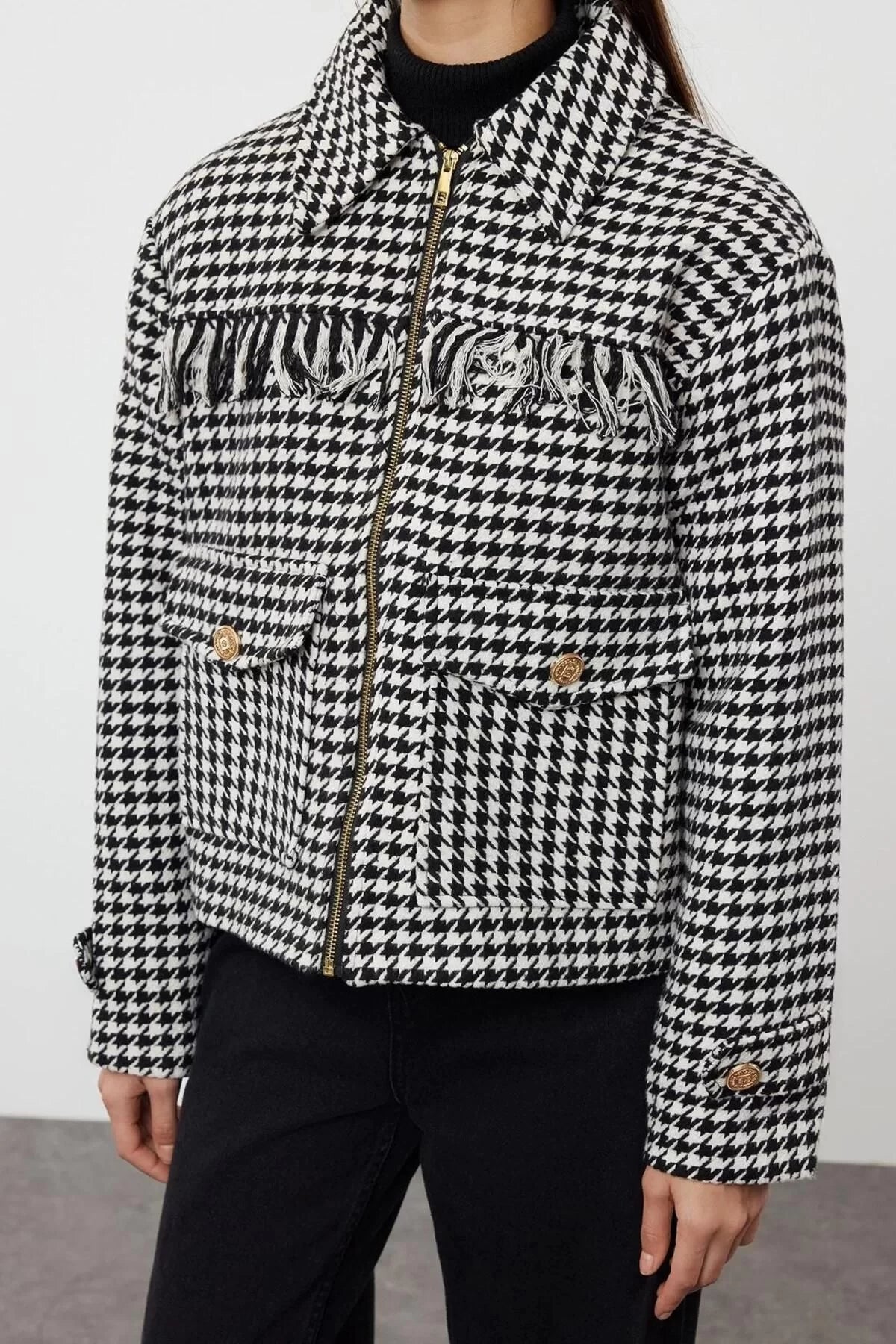 Women Fashion Regular Shirt Collar Midi Houndstooth Lined Houndstooth Tassel Detailed Seasonal Jacket Coat