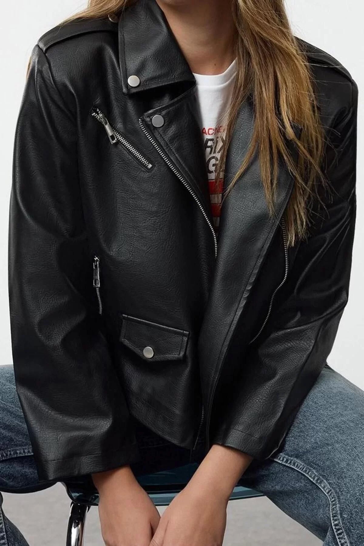 Women Fashion Stylish Regular Double Breasted Standard Plain Lined Regular Faux Leather Biker Jacket Coat