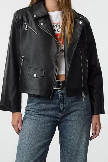 Women Fashion Stylish Regular Double Breasted Standard Plain Lined Regular Faux Leather Biker Jacket Coat