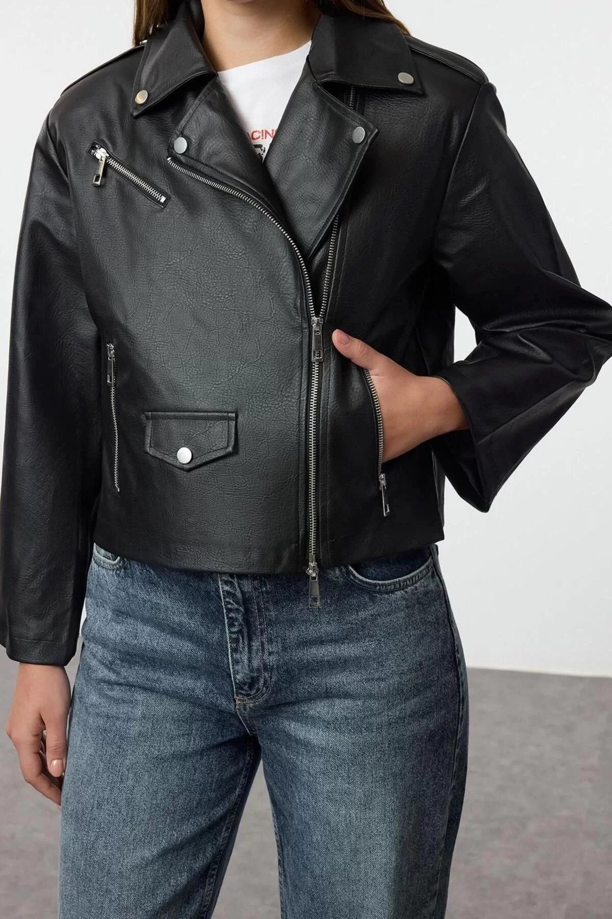 Women Fashion Stylish Regular Double Breasted Standard Plain Lined Regular Faux Leather Biker Jacket Coat