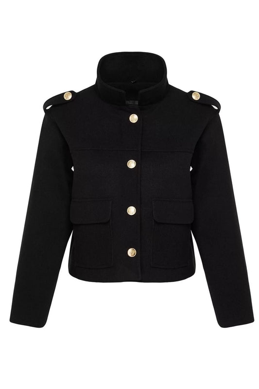 Women Fashion Stylish Regular Shirt Collar Standard Plain Lined Gold Button Detailed Knitted Cashmere Thin Jacket Coat