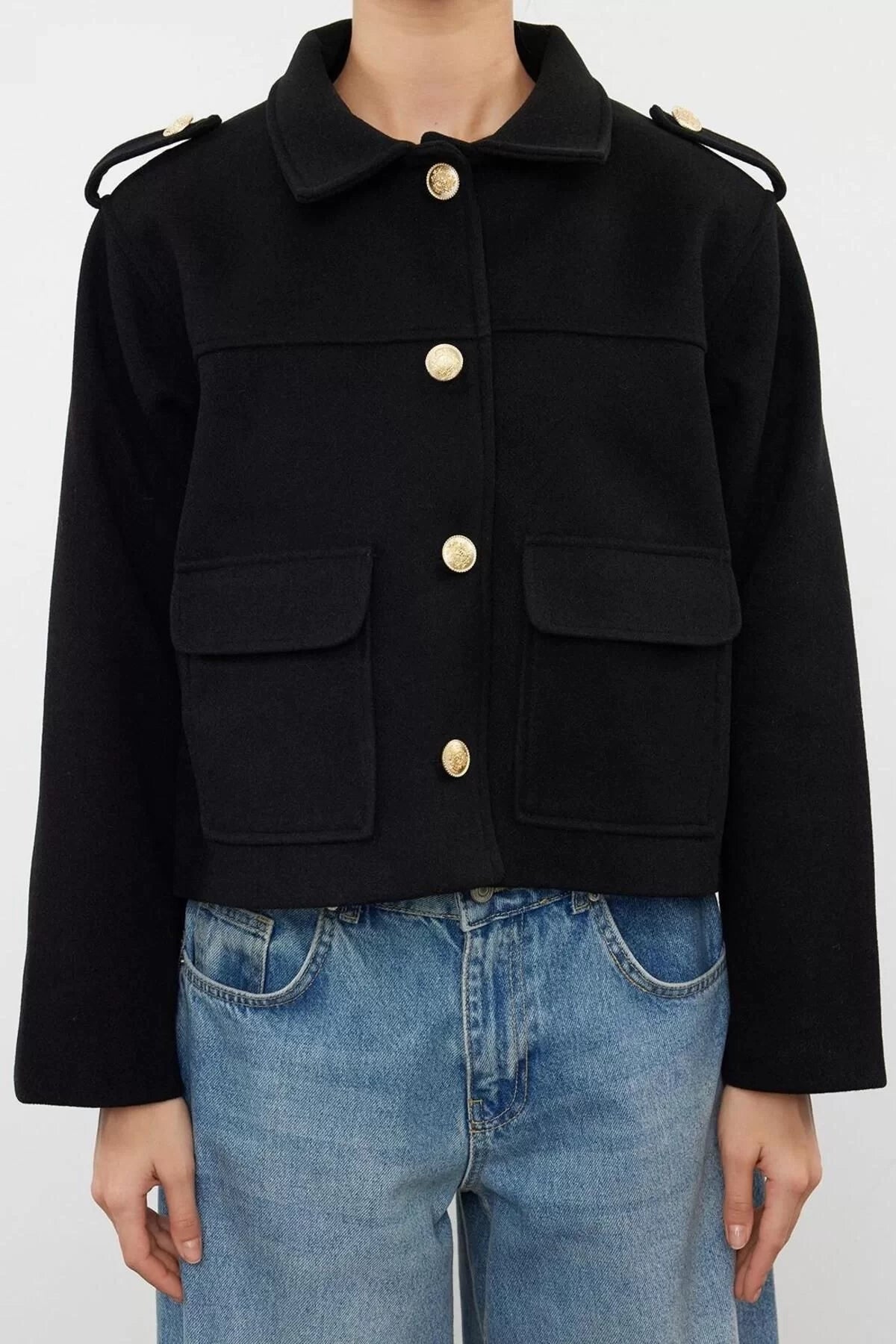 Women Fashion Stylish Regular Shirt Collar Standard Plain Lined Gold Button Detailed Knitted Cashmere Thin Jacket Coat