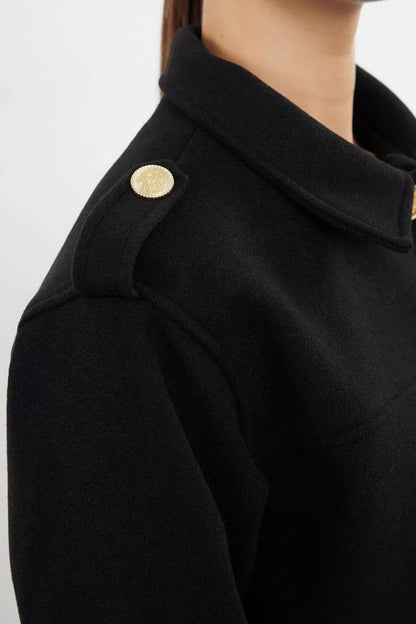 Women Fashion Stylish Regular Shirt Collar Standard Plain Lined Gold Button Detailed Knitted Cashmere Thin Jacket Coat