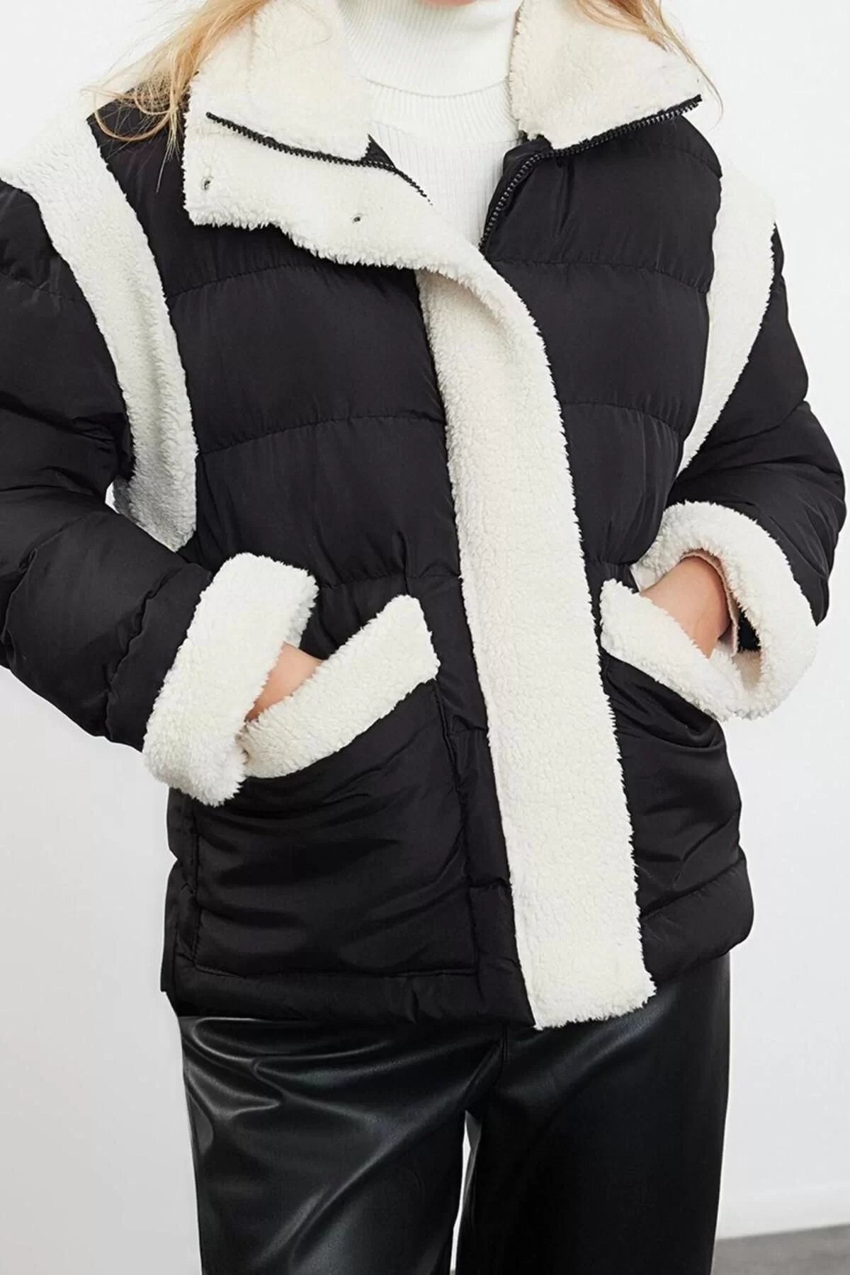 Women Fashion Stylish Regular Stand Collar Midi Plain Lined Regular Plush Detailed Puffer Coat