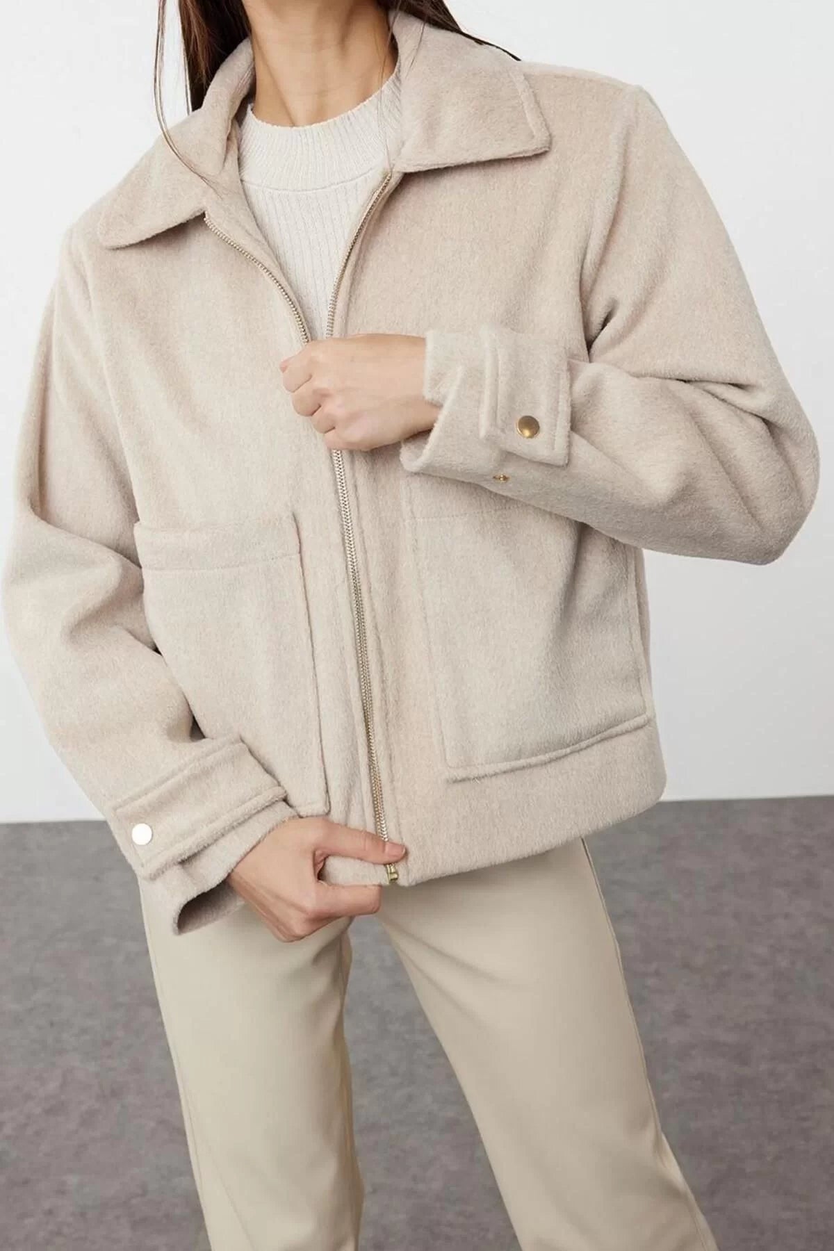 Women Fashion Stylish Oversize Shirt Collar Standard Plain Lined Oversize Cashmere Thin Jacket Coat