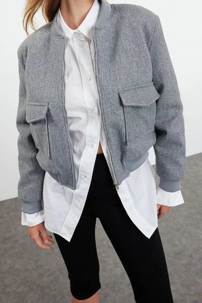 Women Fashion Stylish Regular Mandarin Collar Standard Plain Lined Regular Knitted Cashmere Bomber Jacket Coat