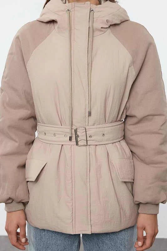 Women Fashion Stylish Loose Hooded Collar Midi Plain Lined Oversize Belted Hooded Parka Coat