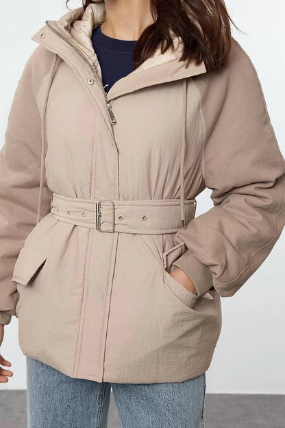 Women Fashion Stylish Loose Hooded Collar Midi Plain Lined Oversize Belted Hooded Parka Coat