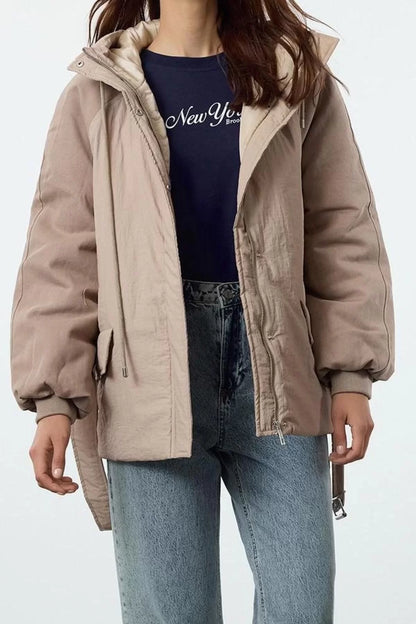 Women Fashion Stylish Loose Hooded Collar Midi Plain Lined Oversize Belted Hooded Parka Coat